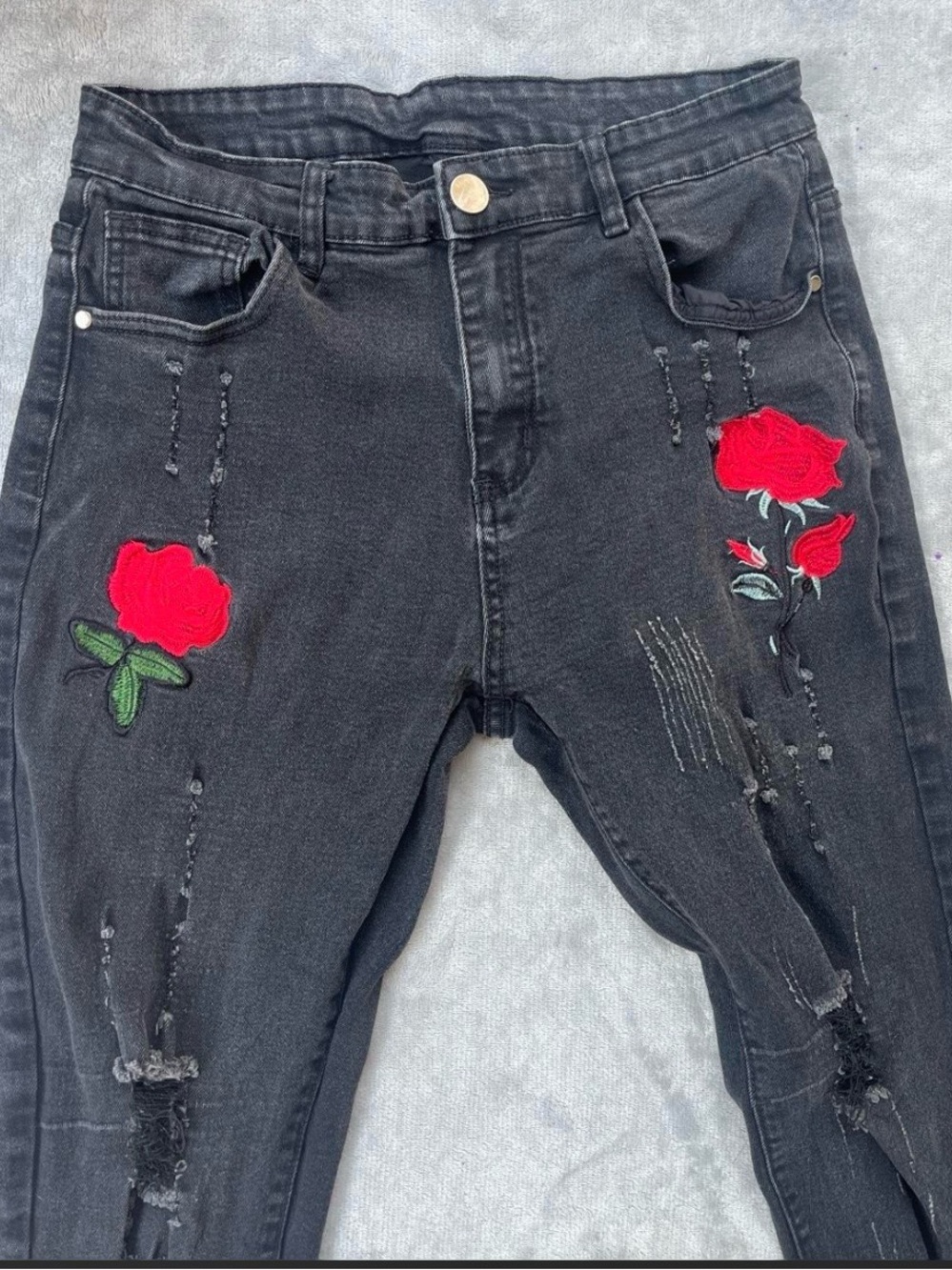 Men's Slim Black Jeans with Red Rose Embroidery